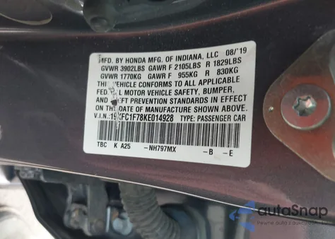 2019 Honda Civic Ex-L from USA, damaged, VIN 19XFC1F78KE014928